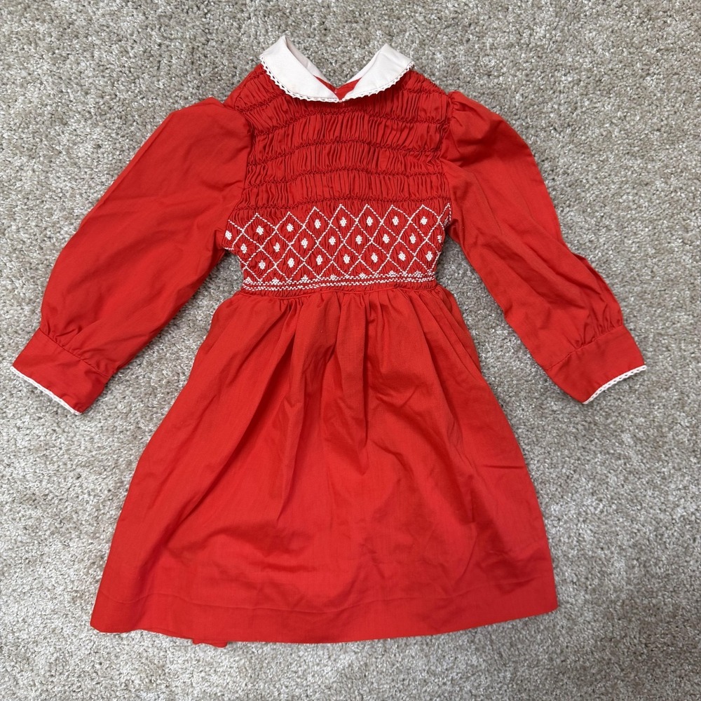 Vintage Polly Flinders Dress Girls 4 Red Hand Smocked Long Sleeve Party Formal